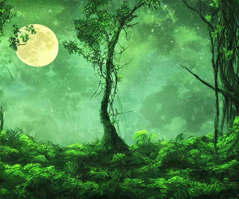 Prompt: a lush dense green forest, colorful glowing vines, wildlife, moon shining, soft tones, night time, highly detailed, 50mm, high fantasy