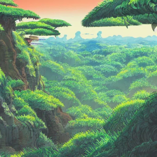 Prompt: illustration of a lush natural scene on an alien planet by studio ghibli. very detailed. beautiful landscape. weird vegetation. cliffs and water.