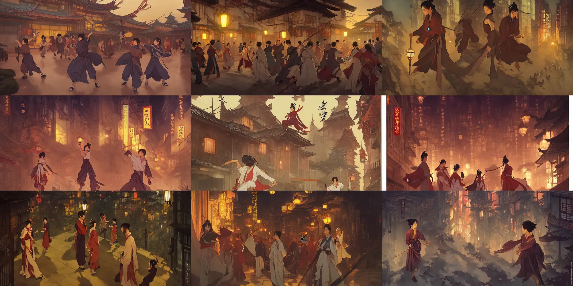 Prompt: wuxia, city at night, in the style of studio ghibli, j. c. leyendecker, greg rutkowski, artem