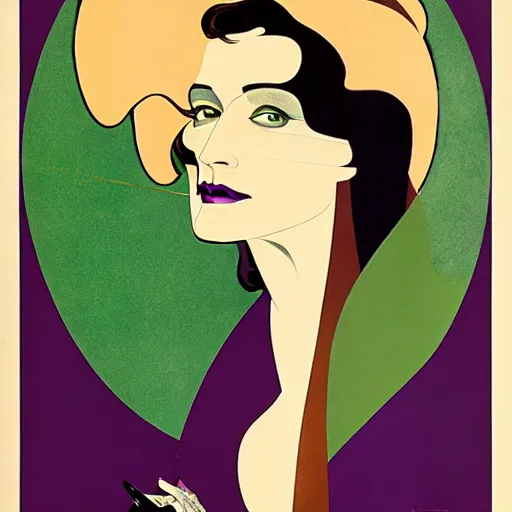 Prompt: Eva Green is Metamorpho, the Element Woman, Art by Coles Phillips, Chalk white skin, deep purple hair, Green eyes, Orange background, Mucha, Portrait of the actress, Eva Green as Metamorpho, carbon black and antique gold