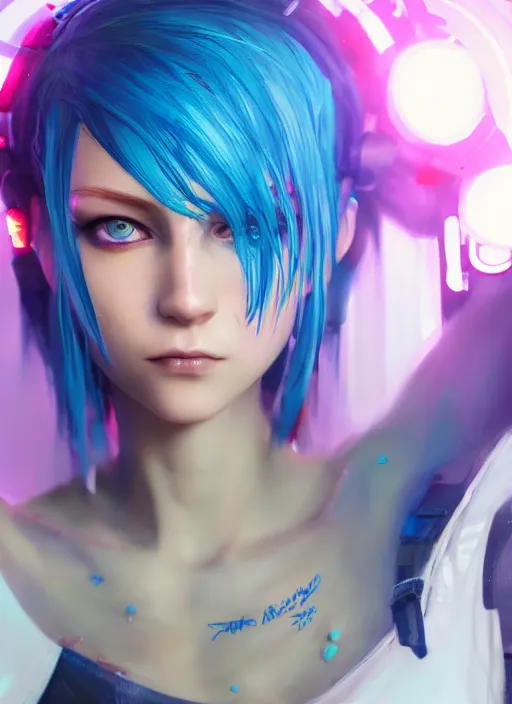 Image similar to beautiful young cyberpunk girl with blue hair, blue eyes, au naturel, holding her hands out, digital art, trending in artstation, cinematic lighting, studio quality, smooth render, fluorescent skin, unreal engine 5 rendered, octane rendered, art style by klimt and nixeu and ian sprigger and wlop and krenz cushart