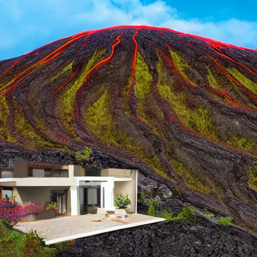 Prompt: modern house surrounded by lava, on top of a large mountain , hyper realistic, photo real, HD