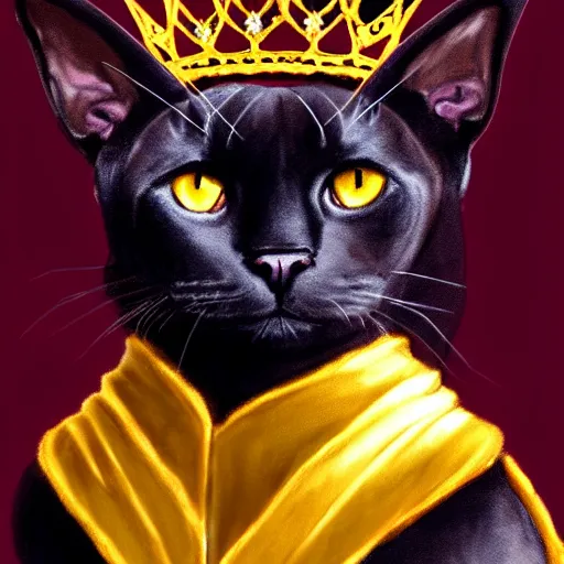 Prompt: chocolate burmese cat wearing royal crown and robes, artstation, fantasy