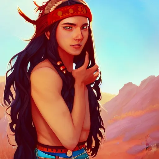 Image similar to in the style of artgerm and Andreas Rocha and Joshua Middleton, beautiful Native American young woman with long hair and red paint strip across eyes, smile on face, Symmetrical eyes symmetrical face, bead necklace, scenic prairie in background sunrise, natural lighting, warm colors