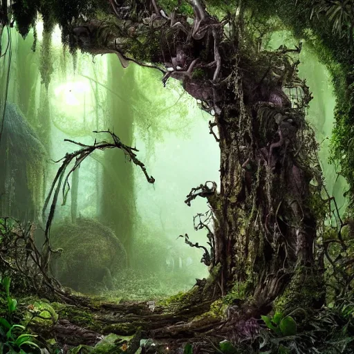 Prompt: horrific portal to hades embedded in a creepy tree in a densely overgrown, horrific, magical jungle, fantasy, dreamlike sunraise, ultra realistic, atmospheric, stopped in time, epic