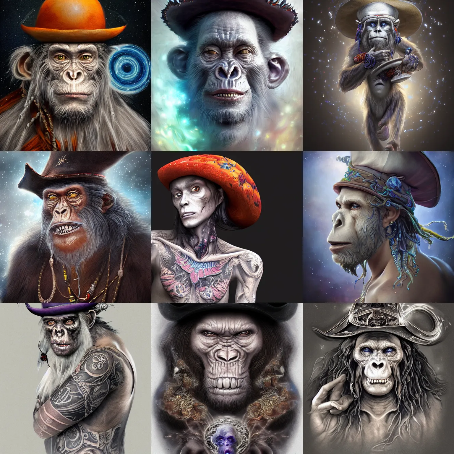 Image similar to a wlop 3 d render of very very very very highly detailed beautiful mystic portrait of a young ghost ape pirate in a hat with whirling galaxy around, tattoos by anton pieck, intricate, extremely detailed, digital painting, artstation, concept art, smooth, sharp focus, illustration, intimidating lighting, incredible art,