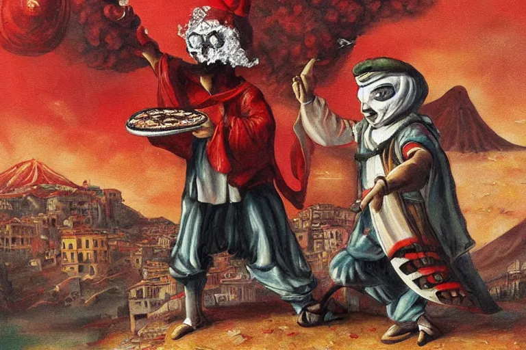 Prompt: a highly detailed pulcinella!!! from naples with pizza in foreground, volcano in the background with smoke, blazing fire and glowing lava, full body, wide angle, an ultrafine detailed painting by rivorio mok, post - apocalyptic vibe, trending on deviantart, whimsical, lowbrow, perfect symmetrical face, sharp focus, octane, masterpiece