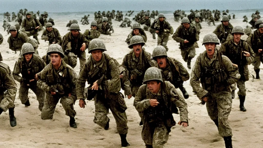 Prompt: Saving Private Ryan storming the beach at Normandy but all of the soldiers are velociraptors, movie screenshot, directed by Henry Selick and Tim Burton.