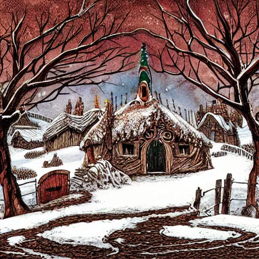 Image similar to detailed illustration of hobbiton in winter, from the lord of the rings