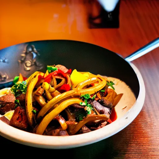 Image similar to lomo saltado, michelin star restaurant, award winning photo, food photography, 4 k