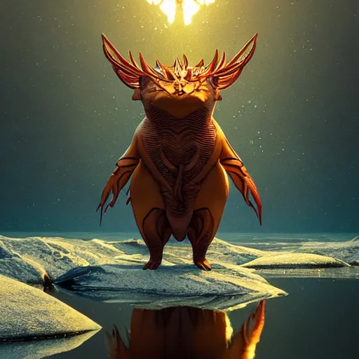 Image similar to ( ( pokemon ) ) creature creature in alaska, backlit, water reflection, warm tones : : by michal karcz, daniel merriam, victo ngai and guillermo del toro : : ornate, dynamic, particulate, intricate, elegant, highly detailed, centered, artstation, smooth, sharp focus, octane render, 3 d