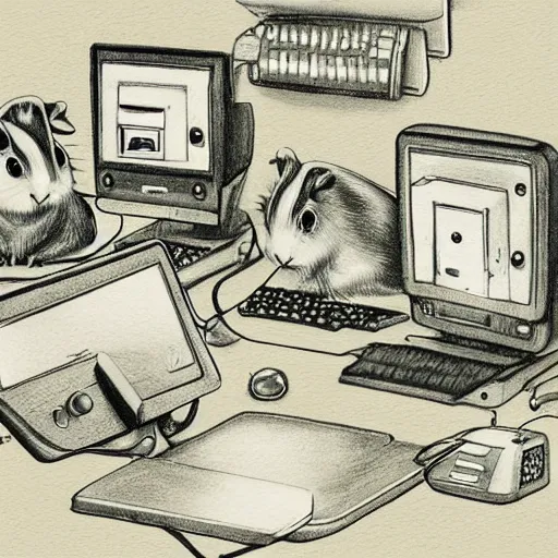 Prompt: guinea pigs working on tiny computers, pencil drawing, detailed, hyper-detailed, in the style of Wanda Gág