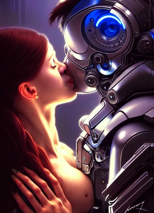 Prompt: ultra realistic medium shot of a couple of cyborgs kissing, epic, lovers, cyberpunk, sci - fi, fantasy, kodak, photorealistic illustration, colour led, soft light, volumetric lighting, night, intricate, highly detailed, digital painting, concept art, smooth, sharp focus, illustration, art by artgerm and greg rutkowski and alphonse mucha