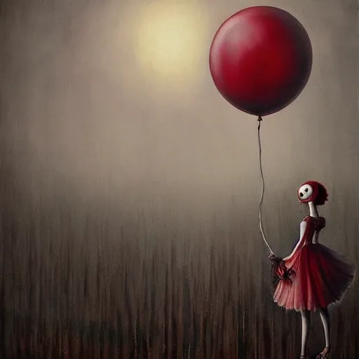 Image similar to grunge painting of the mist with a wide smile and a red balloon by chris leib, loony toons style, pennywise style, corpse bride style, horror theme, detailed, elegant, intricate, conceptual, volumetric light