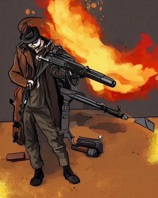 Image similar to a fox wearing a black trench - coat holding a mini - gun, comic art style, digital art,