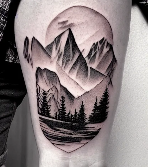 Image similar to creative double exposure effect tattoo design sketch of margot and beautiful mountains and nature, mountain scenery, realism tattoo, in the style of matteo pasqualin, amazing detail, sharp