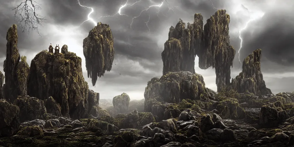 Image similar to photorealistic strange dark monks perform a ritual. magical symbols float above them. epic landscape with magically floating rocks, with ominous storm clouds, strange levitating stones, stones falling from the sky, a gentle rising mist. occult photorealism, uhd, amazing depth, glowing, golden ratio, 3 d octane cycle unreal engine 5, volumetric lighting, cinematic lighting, alphonse mucha