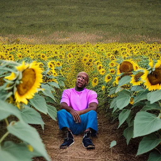 Prompt: tyler, the creator sitting in the middle of a sunflower field, photography, photoshoot, color grading, photojournalism, dslr, instax, warm color palette, colorful, tonal colors, complimentary - colors, triadic - colors, happy, sad, angelic, good, infused, feng shui, soft body, cloth, plant, flowers, floral, by claude monet