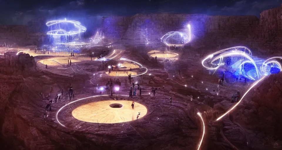 Image similar to night, a lot of people and a spiral - shaped white luminous attractor is floating in grand canyon, concept art, art for the game, professional lighting, art