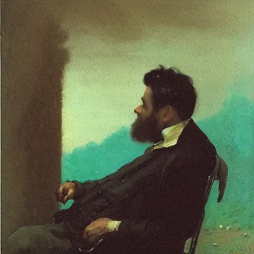 Prompt: a sullen man with black hair and a teal shirt sitting on the back of a cart, by Albert Bierstadt