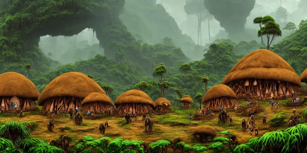 Image similar to a jungle village of alino gorillas and their mushroom huts, matte oil painting, retrofuturistic, science fantasy, salt, rust, mutant, lgbt, queer, rpg, epic, dungeons & dragons, sacred, sharp focus, award - winning, extremely detailed, 4 k, 8 k