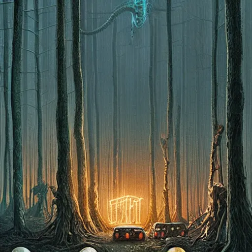 Image similar to giant eldritch horror, simon stalenhag, war of the worlds, forest