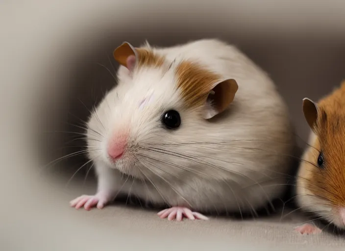 Prompt: photo of a two hamsters laying in a bed, cinematic color grading, various poses, soft light, faded colors, well framed, sharp focus, 8 k