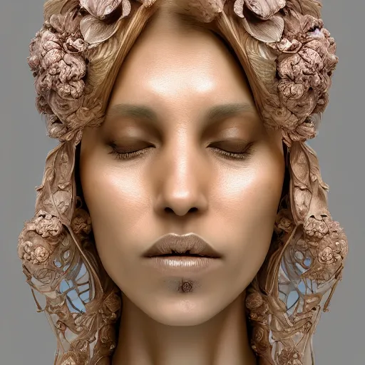 Image similar to beatifull face portrait of a woman, 150 mm, anatomical, flesh, flowers, mandelbrot fractal, facial muscles, veins, arteries, intricate, golden ratio, full frame, microscopic, elegant, highly detailed, ornate, ornament, sculpture, elegant , luxury, beautifully lit, ray trace, unreal, 3d, PBR, in the style of peter Gric , alex grey and Romero Ressendi