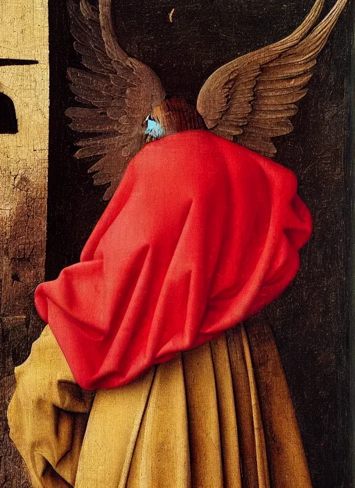 Image similar to profile of a fallen angel dressed in red with wings by Jan van Eyck, Hieronymus Bosch, Johannes Vermeer 4k post-processing, highly detailed medieval painting