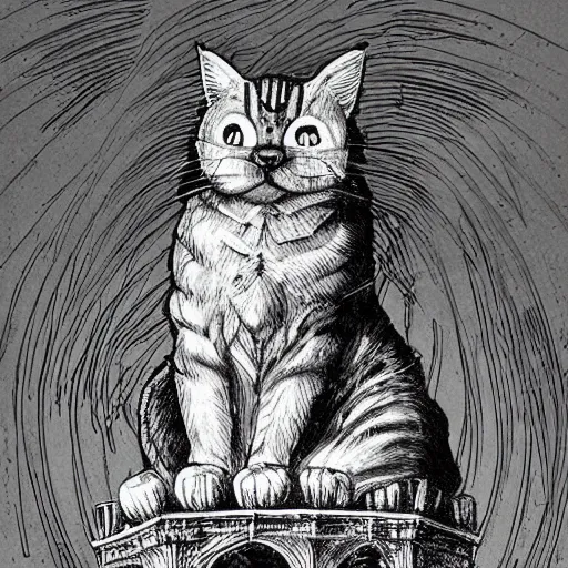 Prompt: a giant cat sitting on top of a victorian castle spire, cat god, style of kentaro miura!!!!, black and white, finely detailed