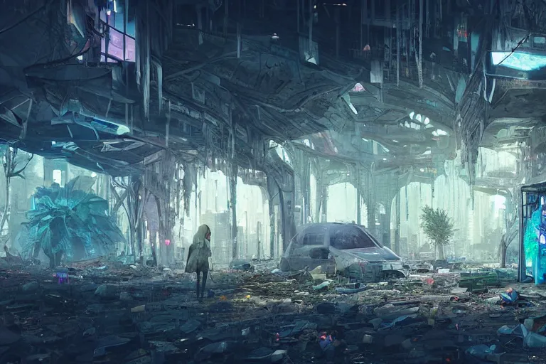 Image similar to a triangular portal structure made from crystals in the centre of an abandoned overgrown cyberpunk city, epic mysterious surrealism, digital matte painting in the style of liam wong