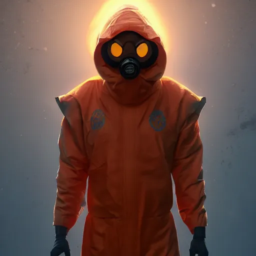 Image similar to villain wearing a big oni mask, orange hazmat suit, dark background, unreal engine 5, ultra realistic, detailed, fog, volumetric lighting, by greg rutkowski,