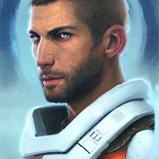 Image similar to portrait of a man by greg rutkowski, a soldier of the new galactic republic, wearing a white, blue and orange tactical gear, star wars expanded universe, highly detailed portrait, digital painting, artstation, concept art, smooth, sharp foccus ilustration, artstation hq