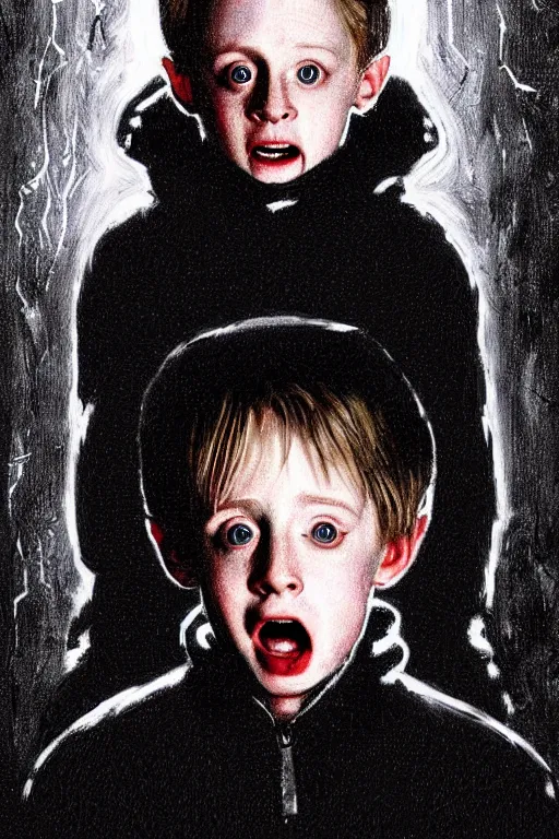 Prompt: realistic portrait beautiful concept art of home alone 2 movie scene when little macaulay culkin turns into cyborg. horror, created by gustave dore and greg rutkowski, high detailed, smooth draw, synthwave neon retro, intricate, trending on artstation.