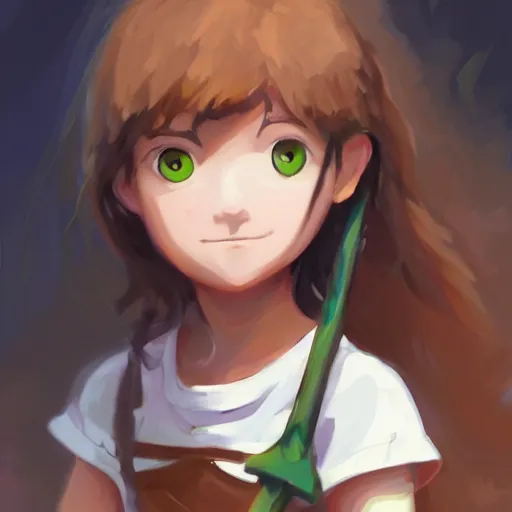 Image similar to portrait of a child with brown pigtails and green eyes, holding an axe, forest background, highly detailed, digital painting, artstation, matte, by makoto shinkai, animation style, studio ghibli, anime key visual