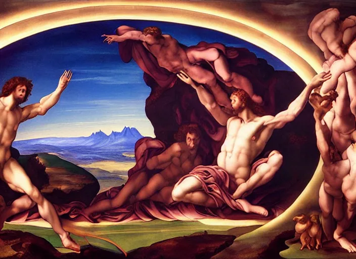 Image similar to Evelyn De Morgan, michelangelo's The Creation of Adam masterpiece, highly detailed, beautiful, epic lighting, wide angle, trending on ArtStation, ultra realistic