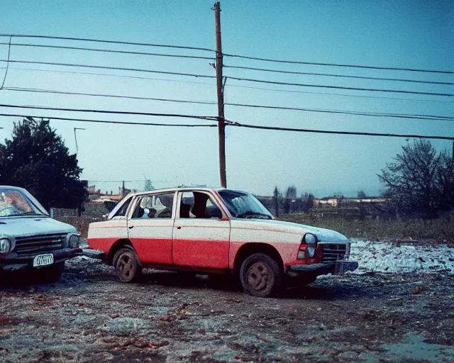 Image similar to a lomographic photo of old lada 2 1 0 7 standing in typical soviet yard in small town, hrushevka on background, cinestill, bokeh