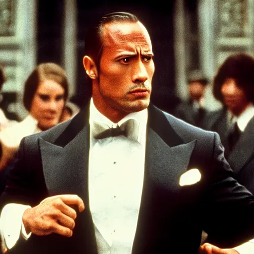 Image similar to Still of Dwayne Johnson from the GodFather (1980), 8k photography