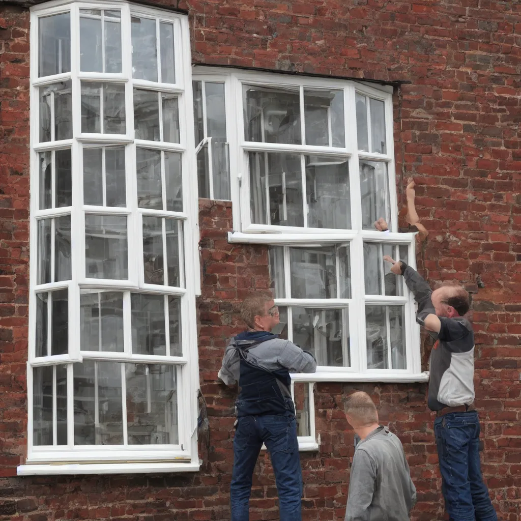 Prompt: builders inspecting and discussing single sash window