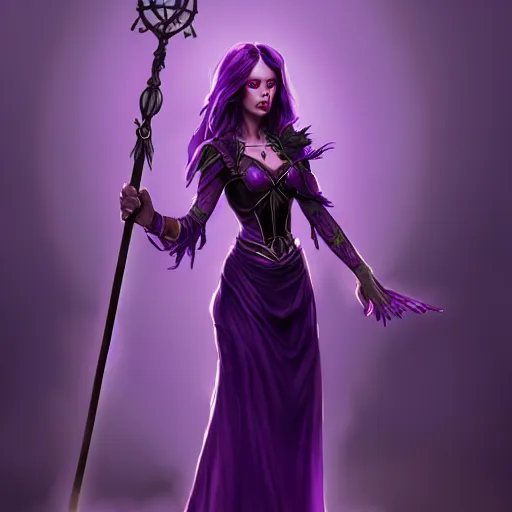 Prompt: a woman in a purple dress holding a staff and dark magic, magical concept art, artstation contest winner, fantasy art, dark and mysterious, artstation hd, detailed, 8 k, digital art