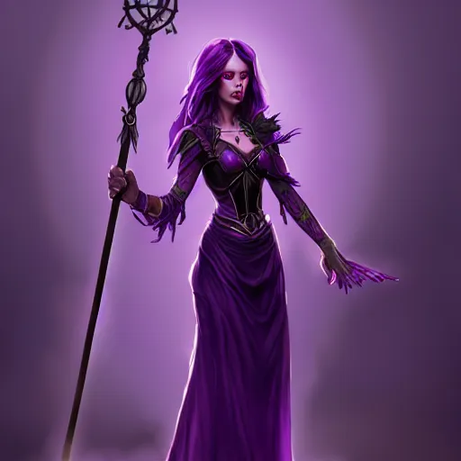 Image similar to a woman in a purple dress holding a staff and dark magic, magical concept art, artstation contest winner, fantasy art, dark and mysterious, artstation hd, detailed, 8 k, digital art