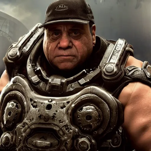 Prompt: danny devito danny devito in gears of war, splash art, movie still, detailed face, photorealistic facial features, cinematic lighting, dramatic, octane render, long lens, shallow depth of field, bokeh, anamorphic lens flare, 8 k, hyper detailed, 3 5 mm film grain