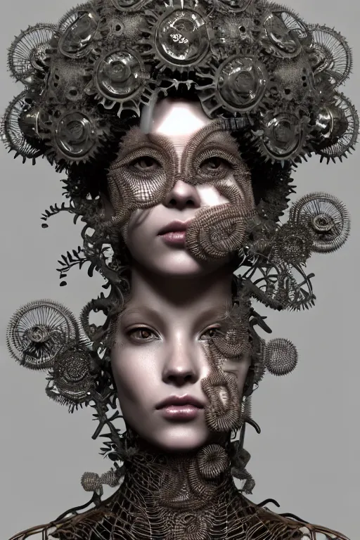 Image similar to complex 3 d render, hyper detailed ultrasharp beautiful biomechanical mandelbrot fractal steampunk filigree mesh wire female cyborg portrait with a porcelain profile face, albino afro, elegant crown with big hydrangea foliage leaves stems roots, alexander mcqueen haute couture, art nouveau fashion, octane render, 8 k