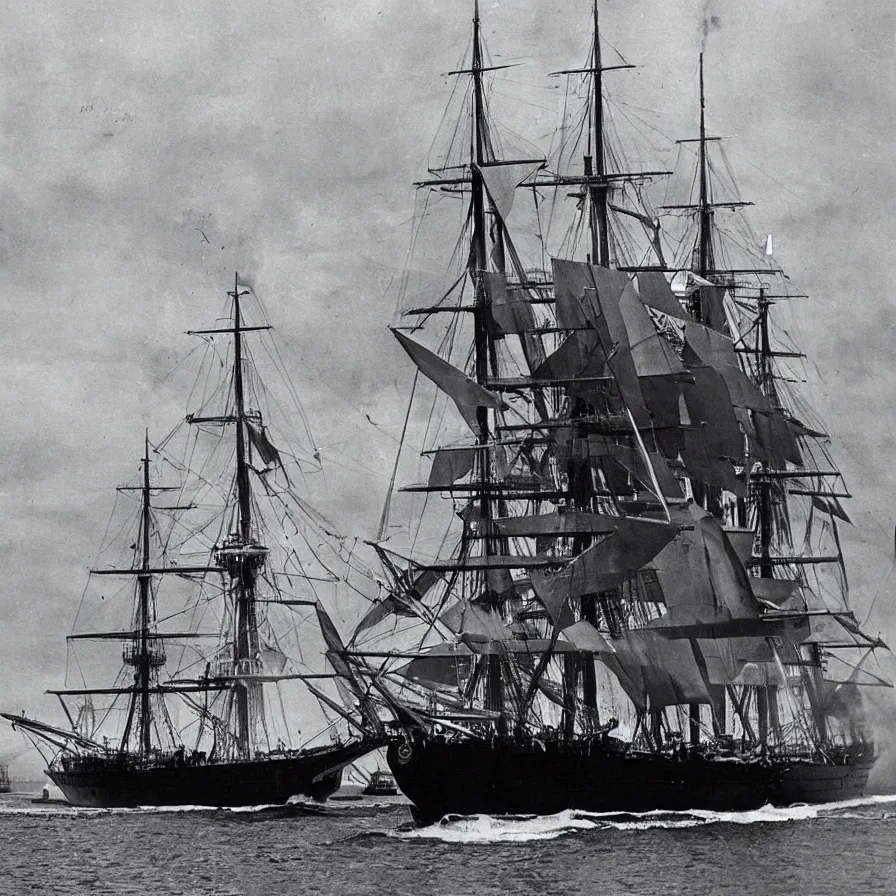 Prompt: the bluenose schooner is being attacked by an american battleship. photograph from life magazine