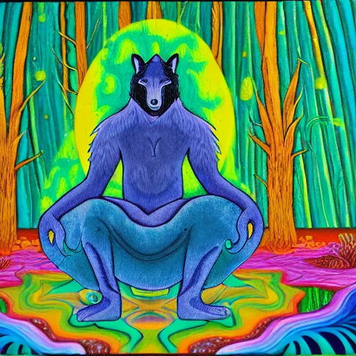 Prompt: an anthromorphic wolf man meditating in a zen garden with a waterfall, by amanda clark in a psychedelic style, oil on canvas, vibrant colors