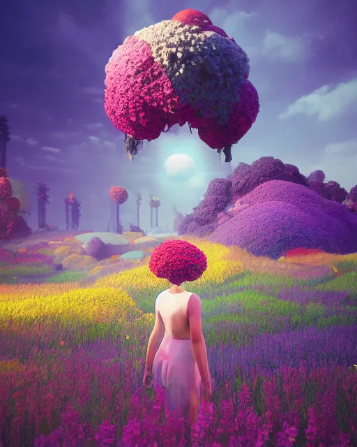 Image similar to beautiful happy landscape, anonymous head, beautiful flowers growing, in the style of beeple and mike winkelmann, intricate, epic lighting, cinematic composition, hyper realistic, 8 k resolution, unreal engine 5, raytracing, reflections, ultraviolet colors