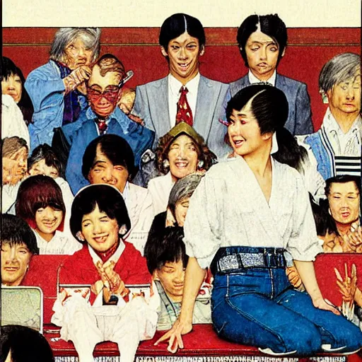 Image similar to A norman rockwell illustration about a japanese 1980 idol singer