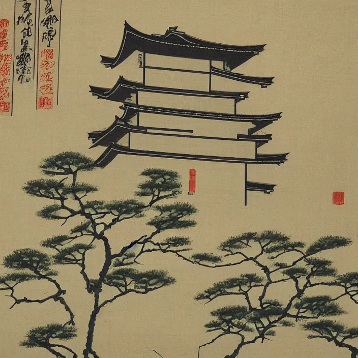 Prompt: a building in a serene landscape, ancient japanese painting