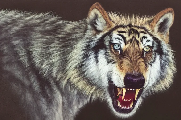 Image similar to wolf tiger hybrid animal, growling, fangs, portrait by tim eitel