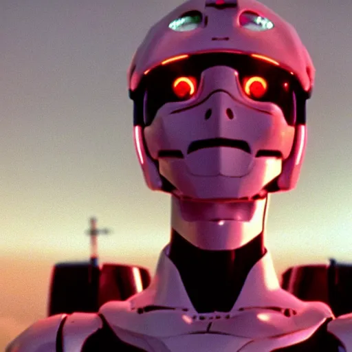 Image similar to movie still of a cyborg evangelion, cinematic composition, cinematic light, warm lighting criterion collection, by edgar wright